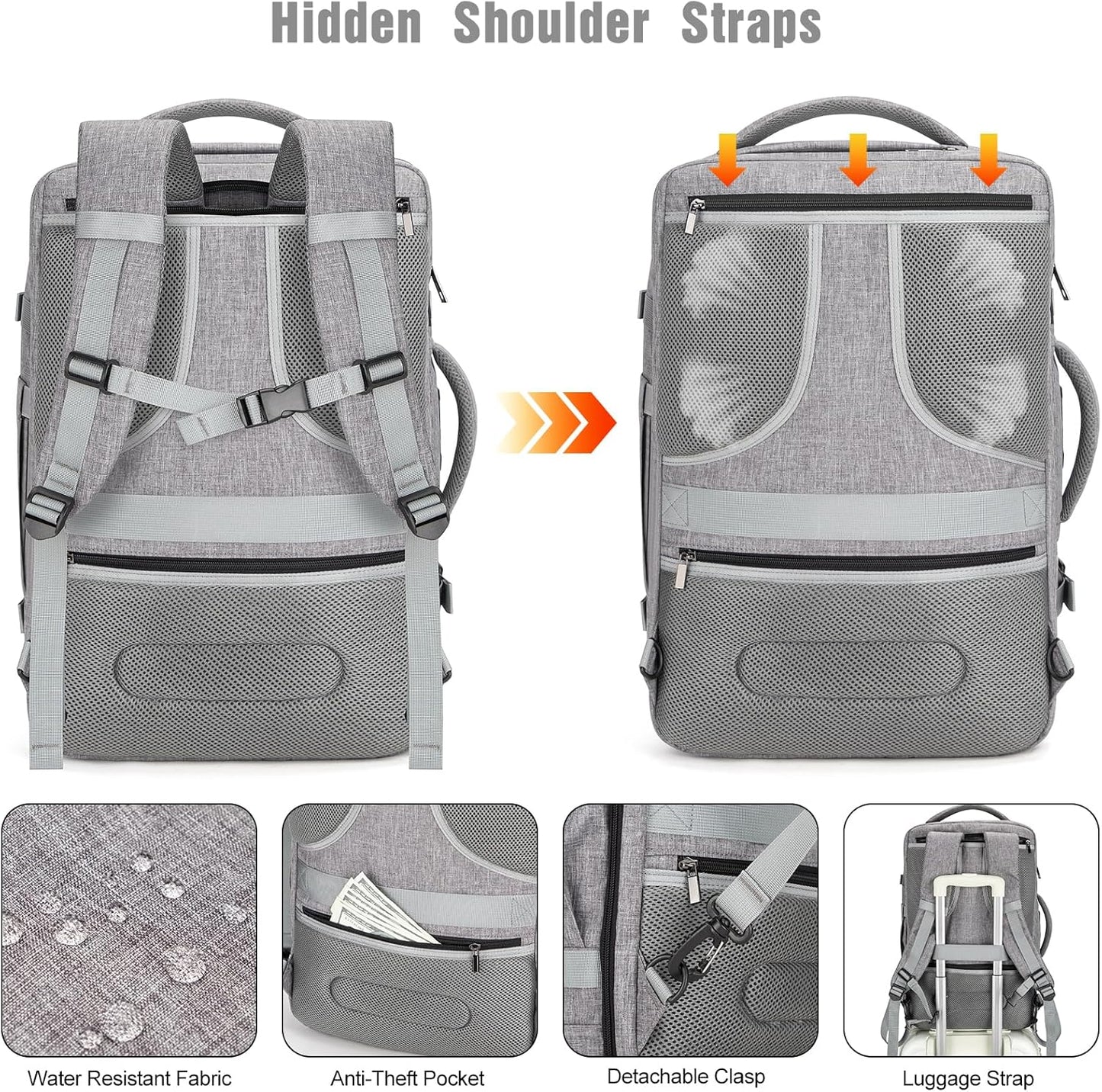 Integrated USB charging port on AeroPack travel backpack, powering devices on the go for convenience.
