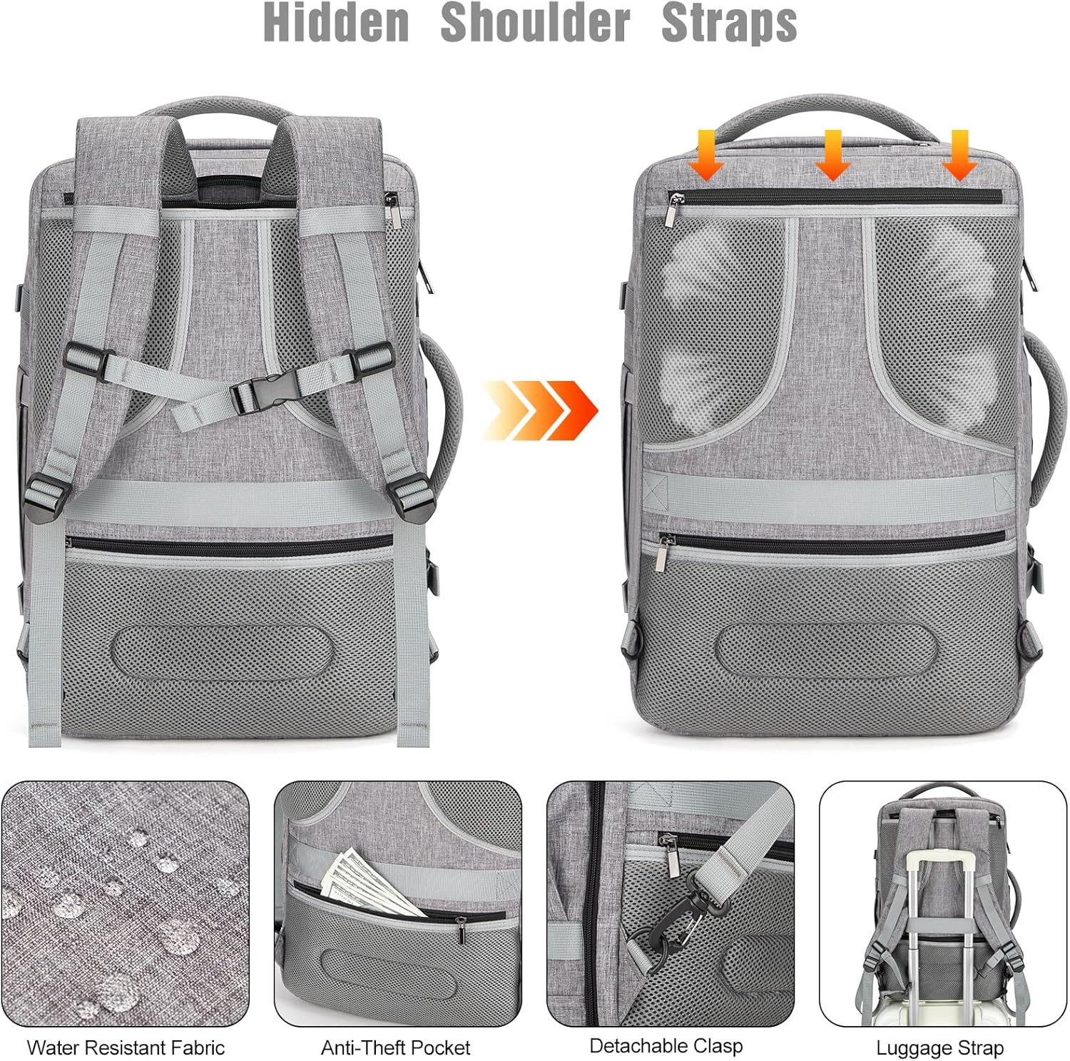 Integrated USB charging port on AeroPack travel backpack, powering devices on the go for convenience.