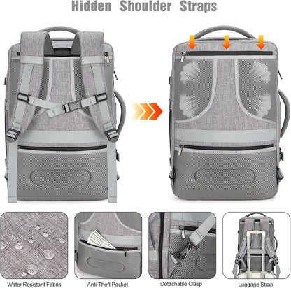 Integrated USB charging port on AeroPack travel backpack, powering devices on the go for convenience.