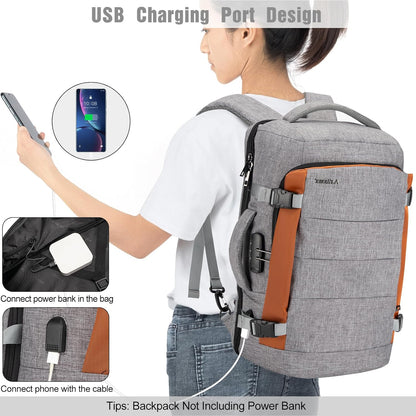 AeroPack 40L water-resistant carry-on backpack at an airport, ideal for stress-free international travel.
