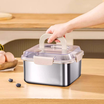 Robust stainless steel lunch box with airtight lid, keeping food fresh for camping and work.