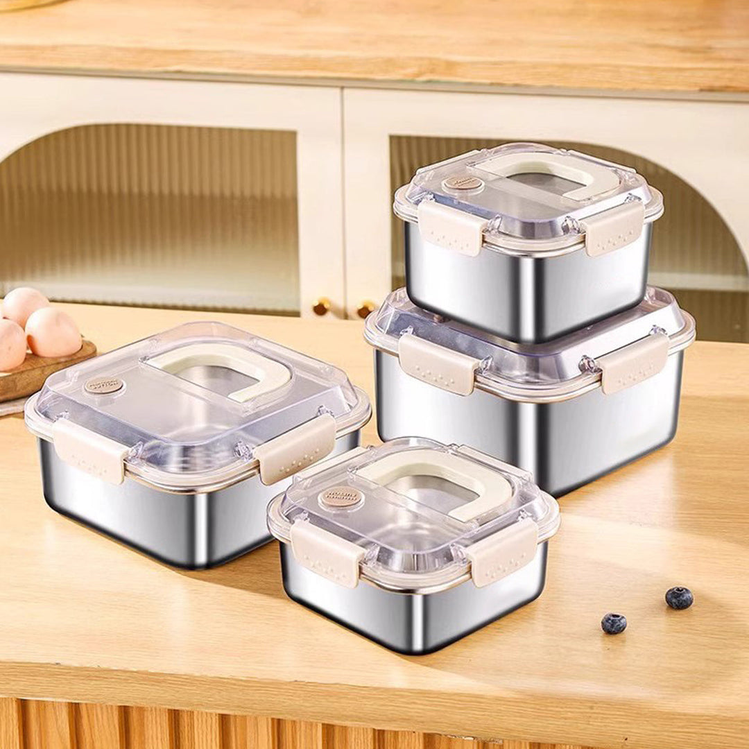 New stainless steel food container with airtight lid, ideal for fresh food storage.