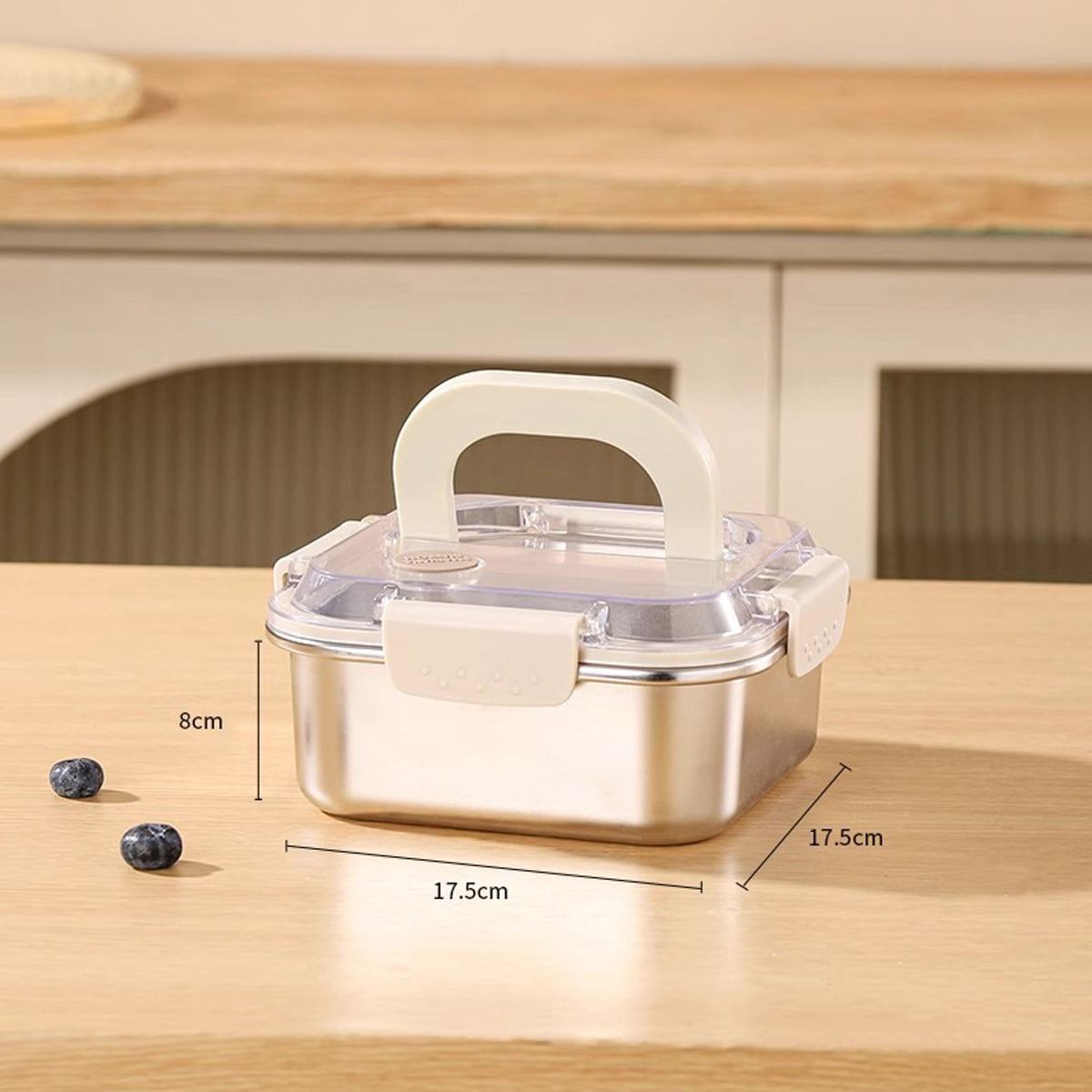 Airtight stainless steel food box, designed for leak-proof storage and transport of meals.