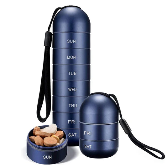 Aluminum 7-day pill organizer for daily medication. Secure, portable, and travel-friendly.