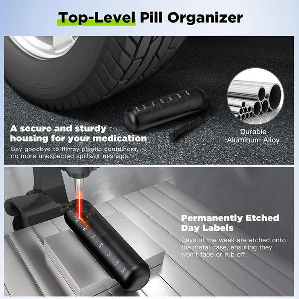 Sturdy metal 7-day pill box. Durable aluminum organizer for weekly medication.