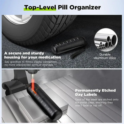 Sturdy metal 7-day pill box. Durable aluminum organizer for weekly medication.