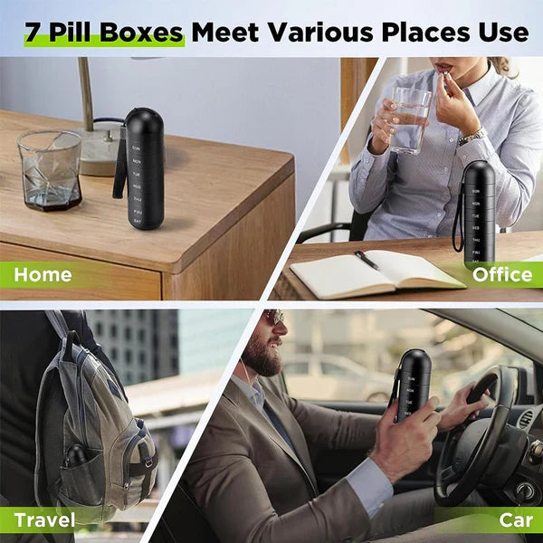 Practical aluminum pill container for 7 days. Essential for medication & travel.
