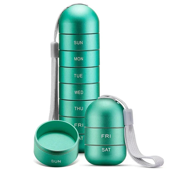 Durable aluminum 7-day pill organizer. Perfect for weekly medication & travel.