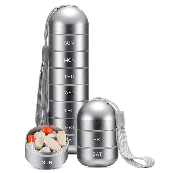Secure travel pill organizer. Portable aluminum box for 7 days of medication.