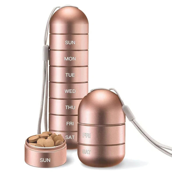 Waterproof aluminum 7-day pill organizer. Ideal for travel & daily dosage.
