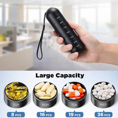 Compact, closed aluminum 7-day pill container. Secure storage for daily supplements.