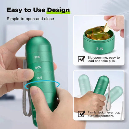Health-focused aluminum 7-day pill organizer for daily supplements & medication.