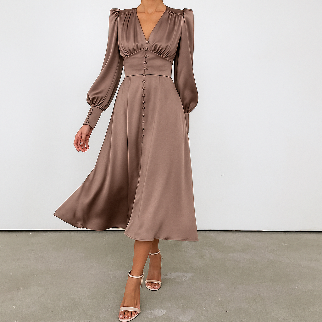 Chic Amber women's dress. A versatile midi length with unique puffed shoulders, offering an elegant silhouette.