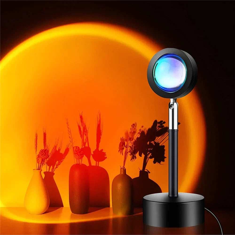 Ambient LED sunset projection lamp for home decor, creating a warm, vibrant mood light for any room.