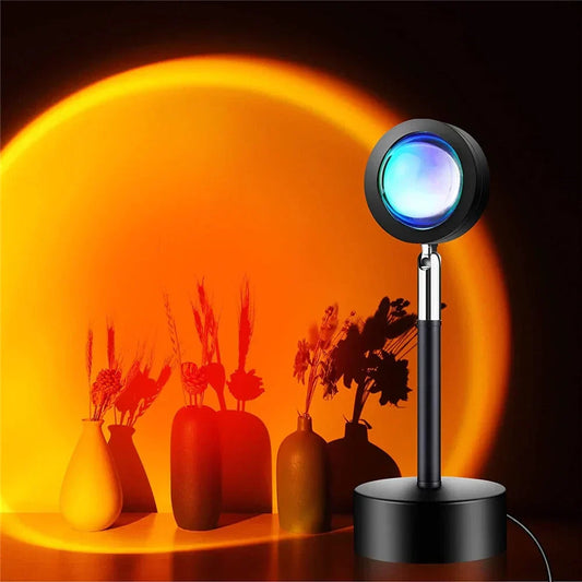 Ambient LED sunset projection lamp for home decor, creating a warm, vibrant mood light for any room.