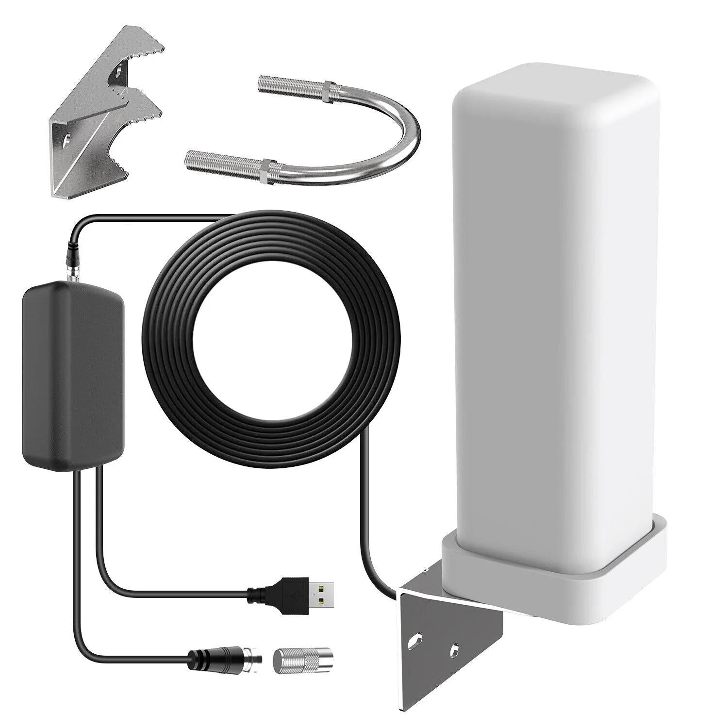 Amplified 360° outdoor HDTV antenna for 460-mile range, crystal clear digital TV. Weatherproof cable alternative.