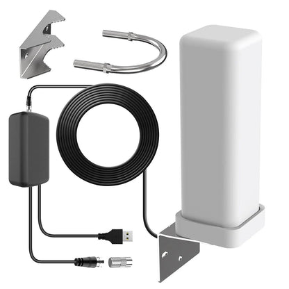 Amplified 360° outdoor HDTV antenna for 460-mile range, crystal clear digital TV. Weatherproof cable alternative.