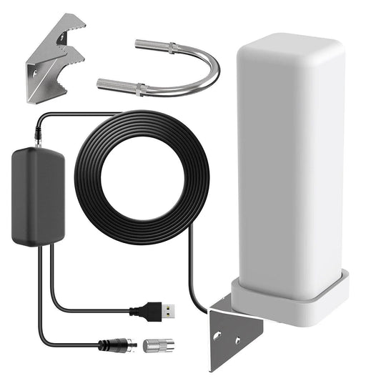 Amplified 360° outdoor HDTV antenna for 460-mile range, crystal clear digital TV. Weatherproof cable alternative.