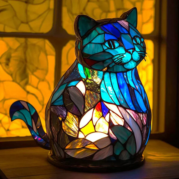 Whimsical animal stained glass lamp, decorative accent lighting fixture.