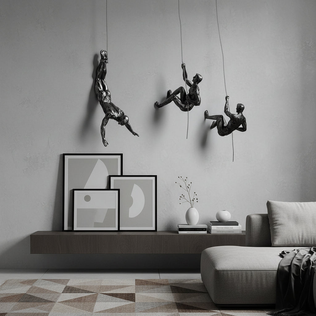 Contemporary wall sculpture: Abstract climbing figure, adds dynamic flair to decor.
