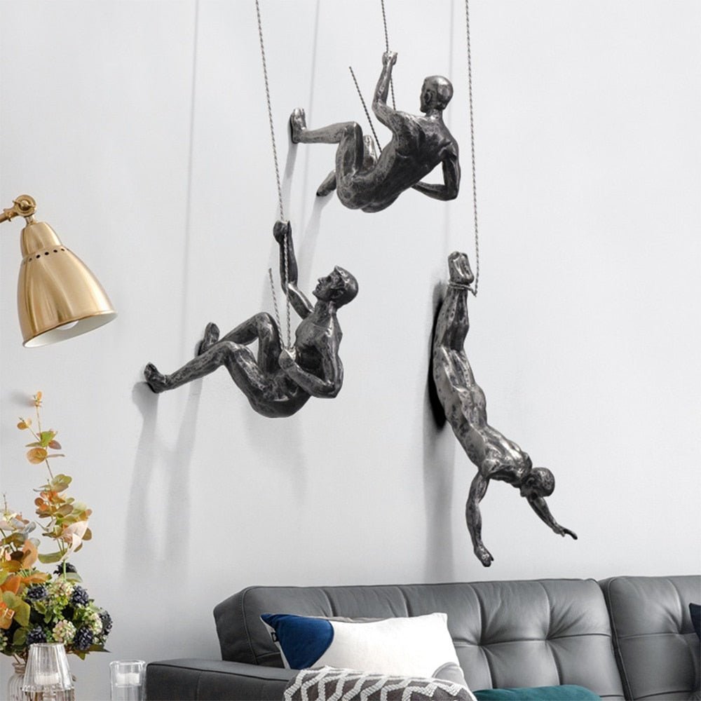 Unique handmade climbing art sculpture, dynamic accent for gallery walls.