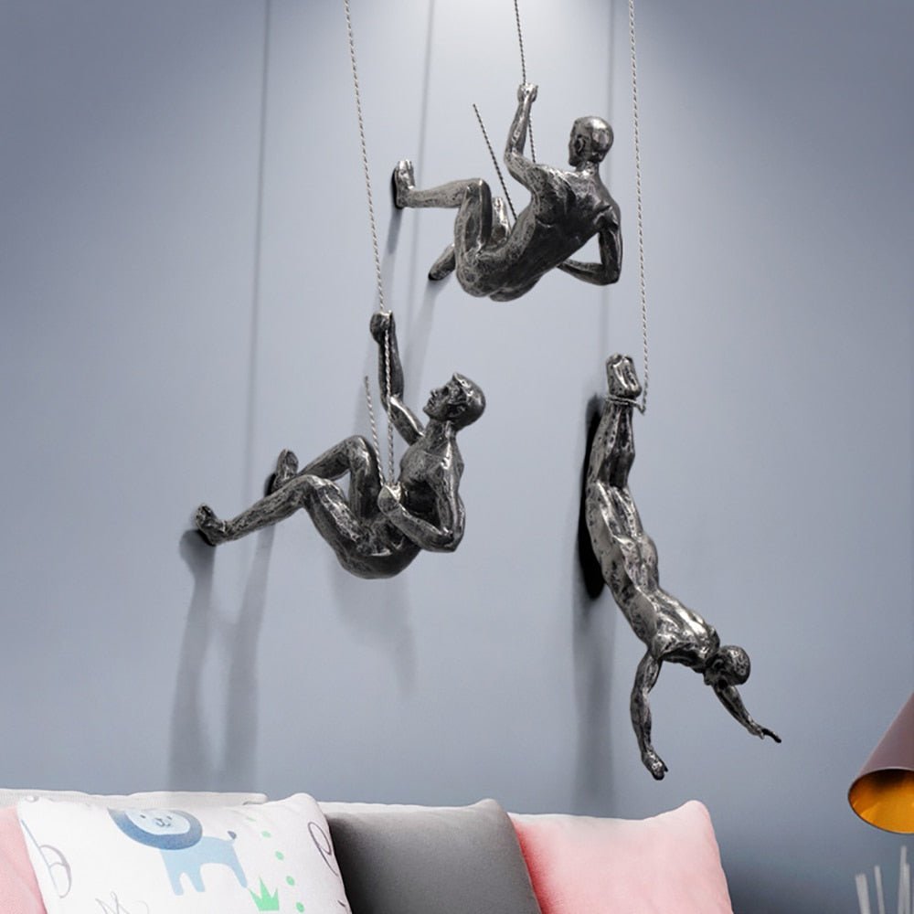 Dynamic climbing art sculpture, a focal point for living room or office walls.