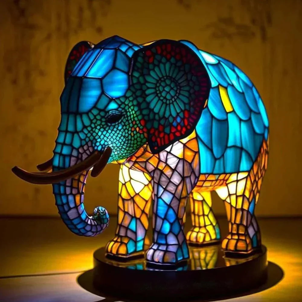 Artistic stained glass animal lamp with colorful panels, enhancing home aesthetics.