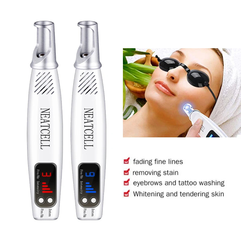Portable laser pen beauty device for precise freckle, mole, & tattoo spot correction.