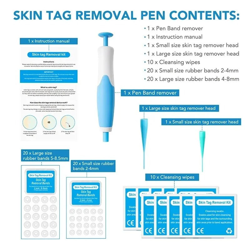 Image of At-Home Skin Tag Removal Kit components, showing bands and applicator for clear skin.