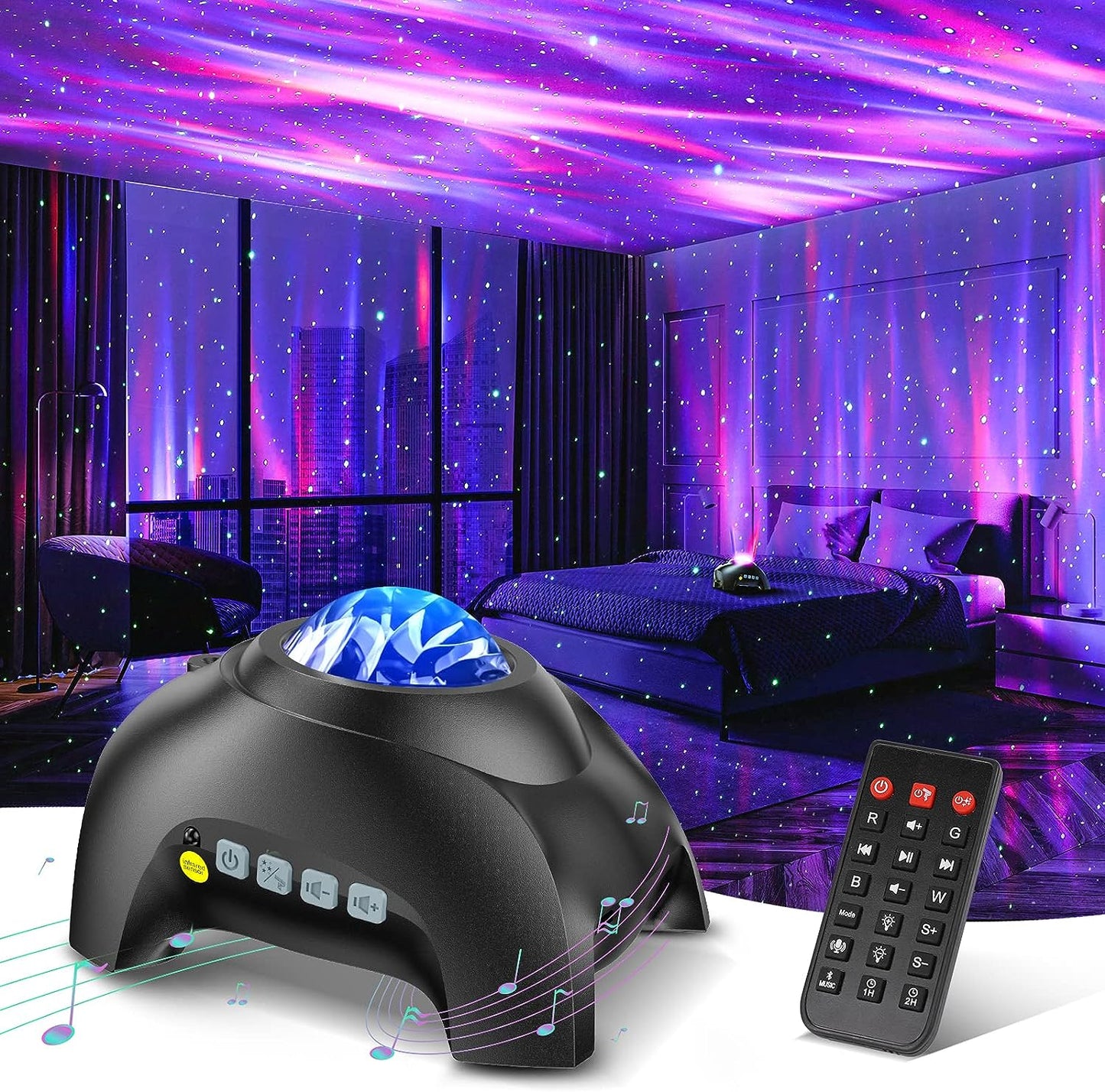 Aurora Northern Lights projector casting a vibrant cosmic galaxy light show onto a bedroom ceiling, creating ambiance.