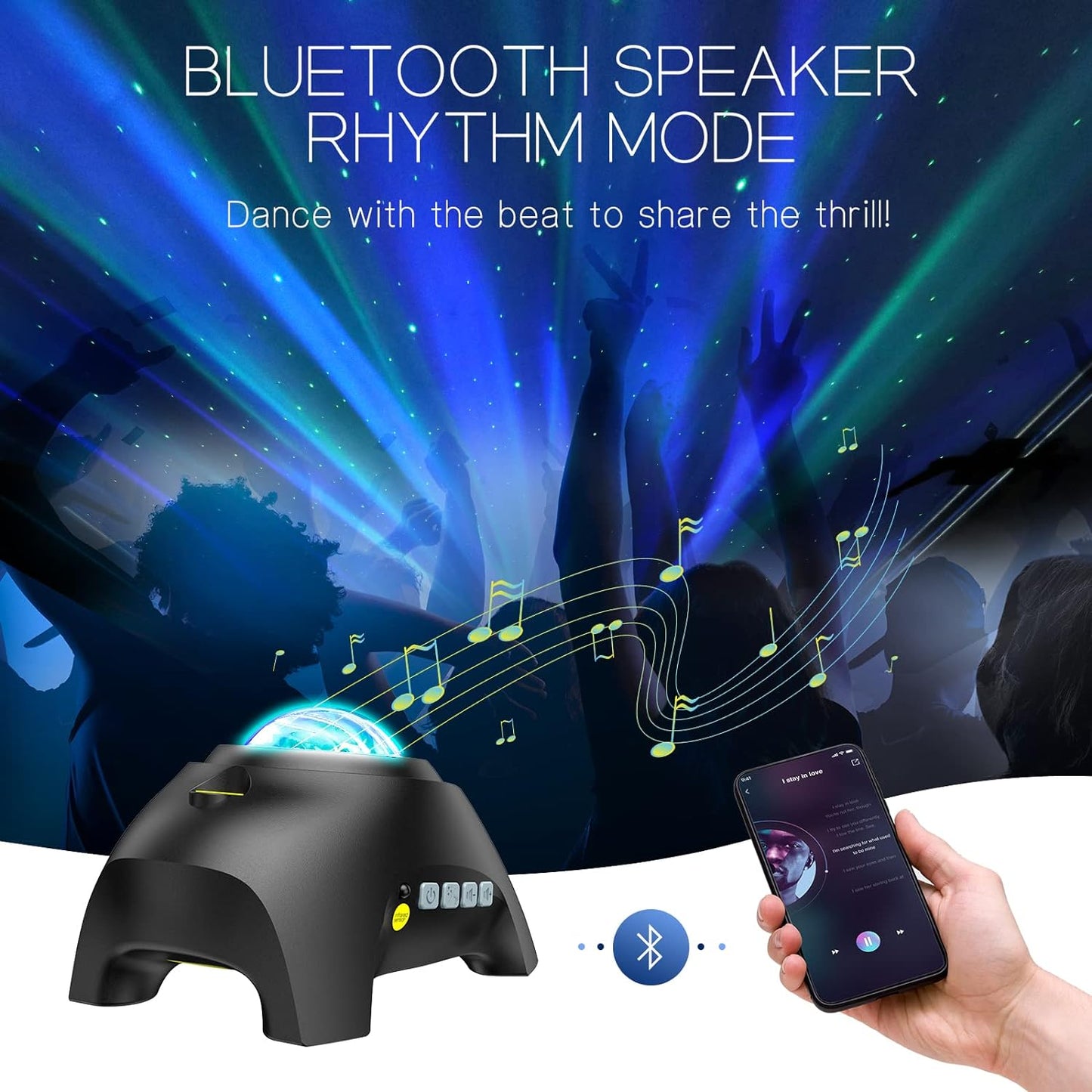 Home aurora projector with star light, Bluetooth speaker, & white noise function for a relaxing Northern Lights ambiance.