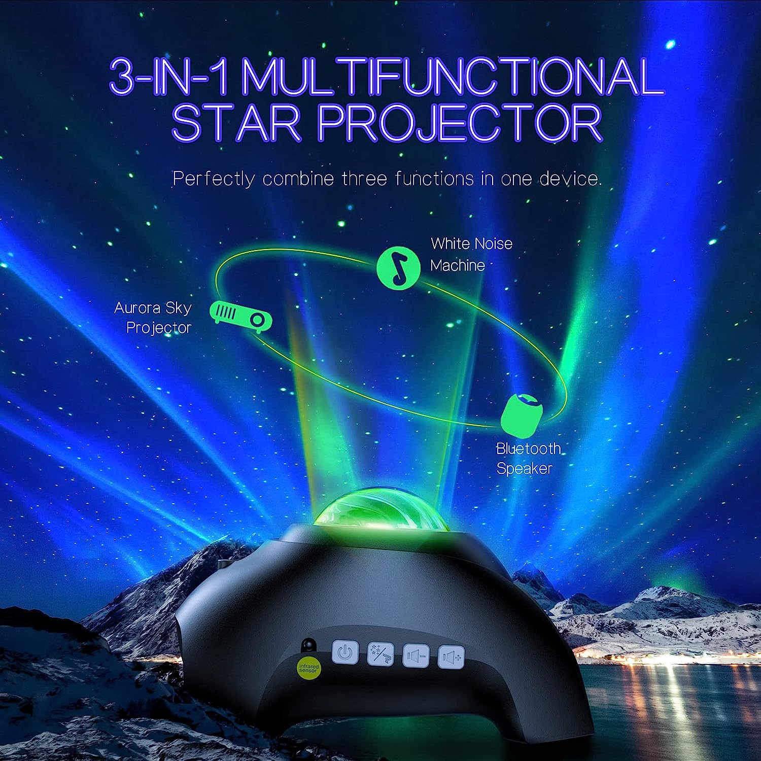 Enchanting Northern Lights galaxy projector transforming a room with dynamic aurora light, perfect for mood lighting.