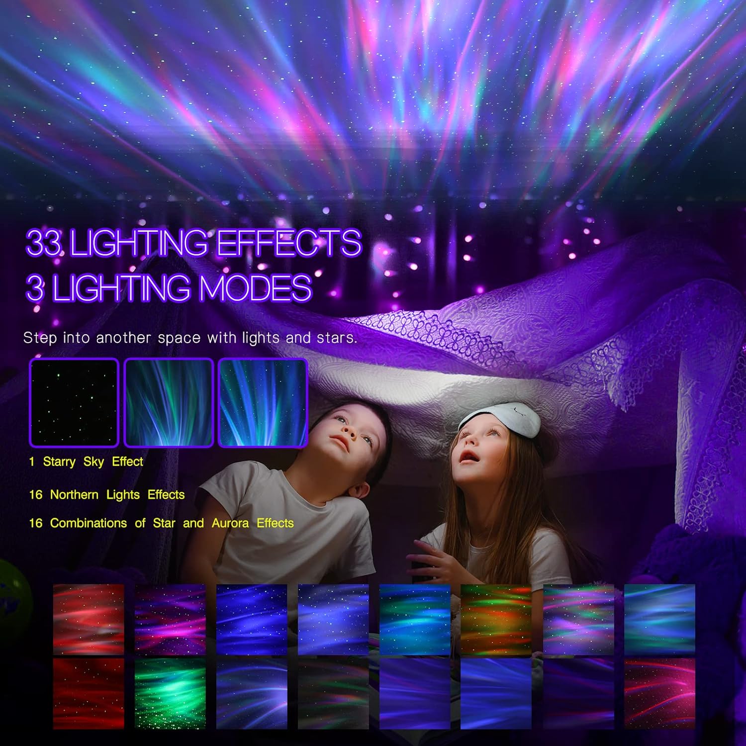 Galaxy light projector with vibrant Northern Lights and Bluetooth speaker, creating serene room ambiance.