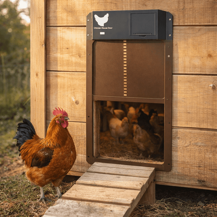Automated chicken coop door with smart light sensor for poultry care. Easy installation & predator deterrent.