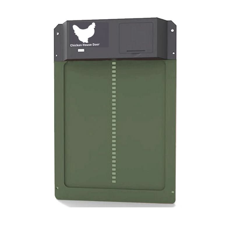 Automatic chicken door for pets. Provides daily chicken protection, predator deterrent, & energy-saving operation.