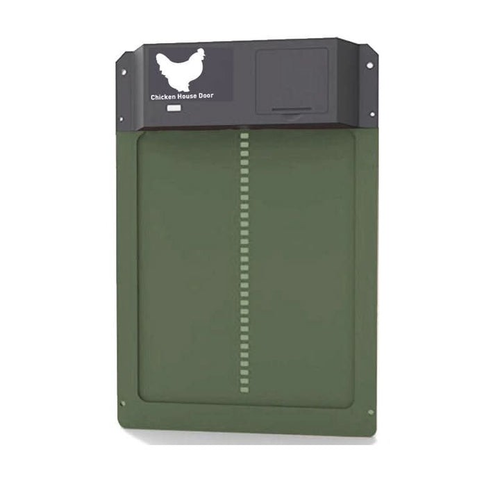 Automatic chicken door for pets. Provides daily chicken protection, predator deterrent, & energy-saving operation.