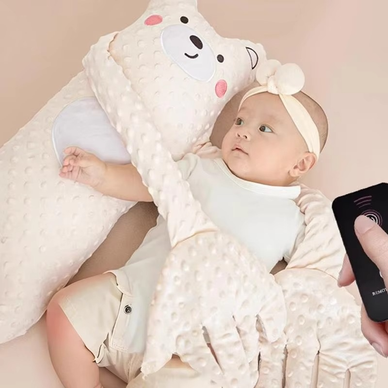 Innovative infant sleep aid pillow, automatically comforts babies with soft patting for peaceful, longer rest.