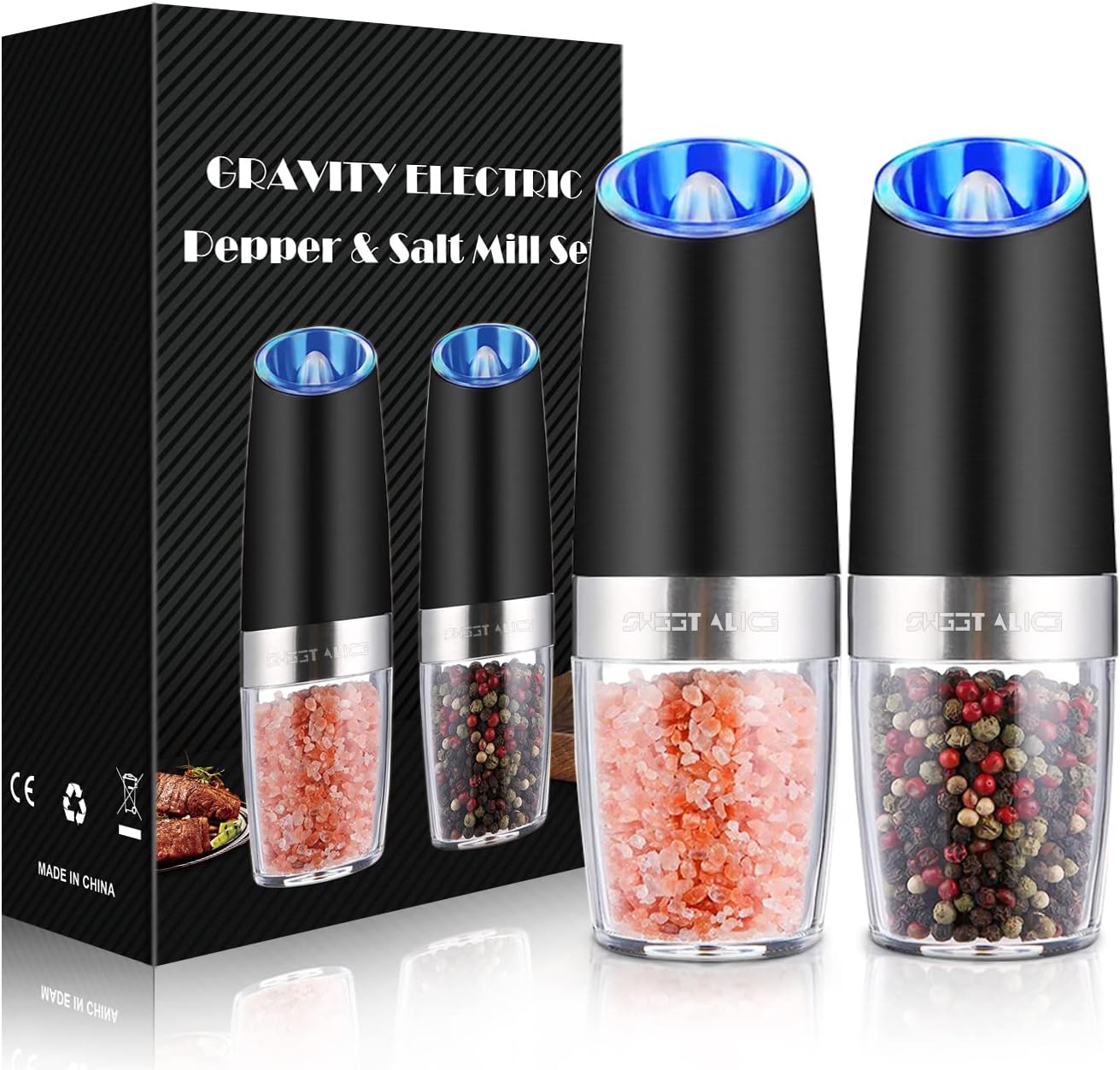 Automatic electric salt & pepper grinder with gravity sensor, stainless steel finish for kitchen seasoning.