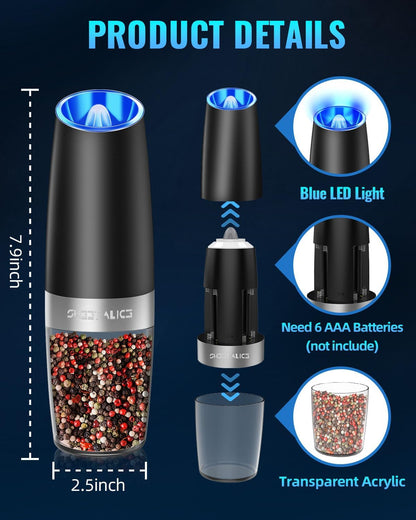 Hands-free automatic salt & pepper mill. Electric gravity sensor spice grinder for easy kitchen cooking.