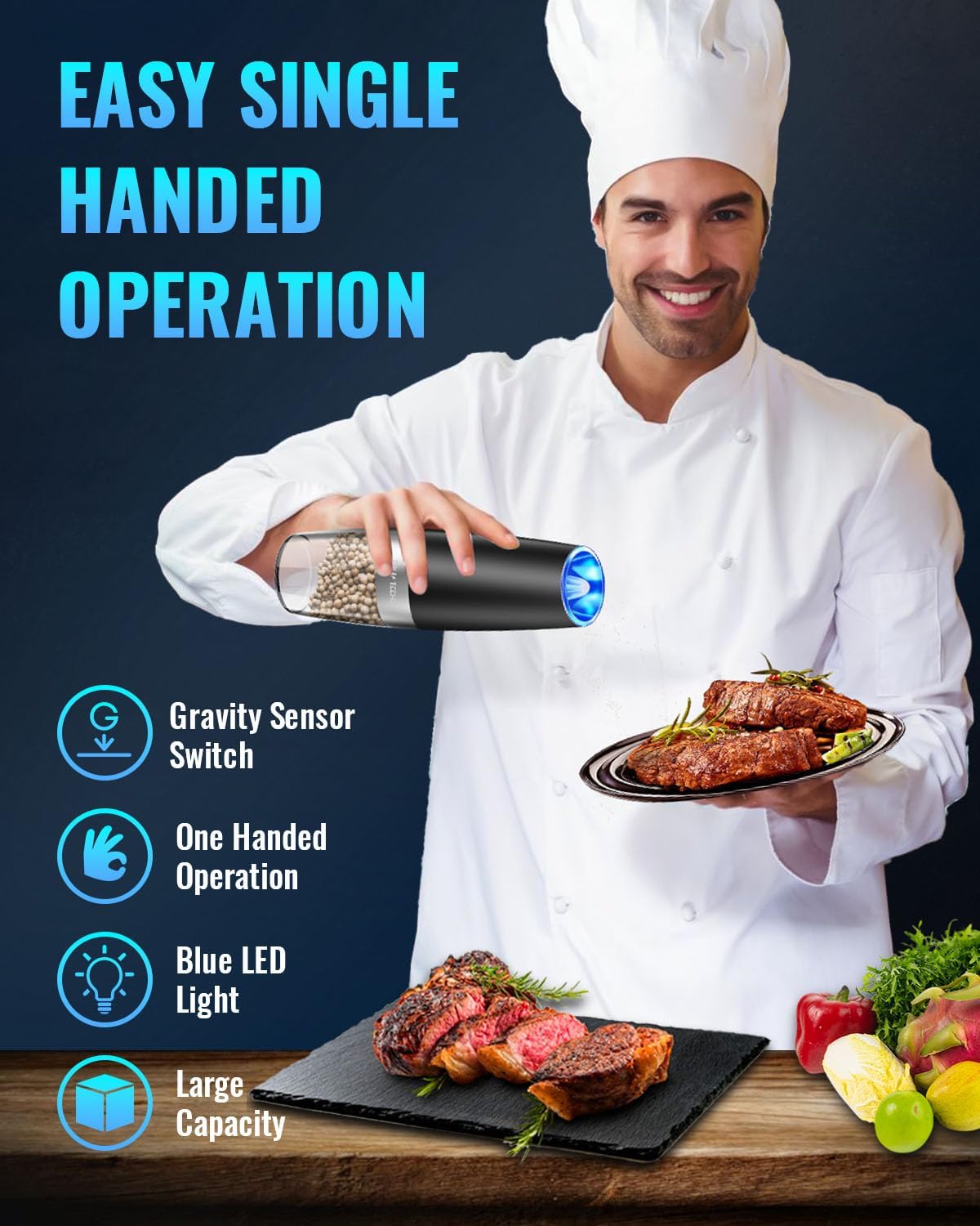 Essential kitchen tool: automatic electric pepper mill & salt grinder. Stainless steel, gravity sensor for effortless seasoning.