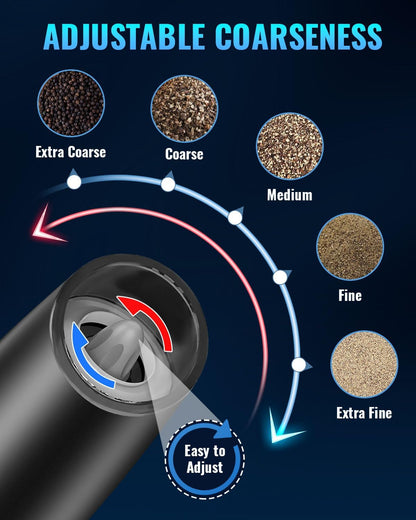 Modern unisex automatic electric salt & pepper grinder. Stainless steel, gravity sensor. A perfect cooking accessory.