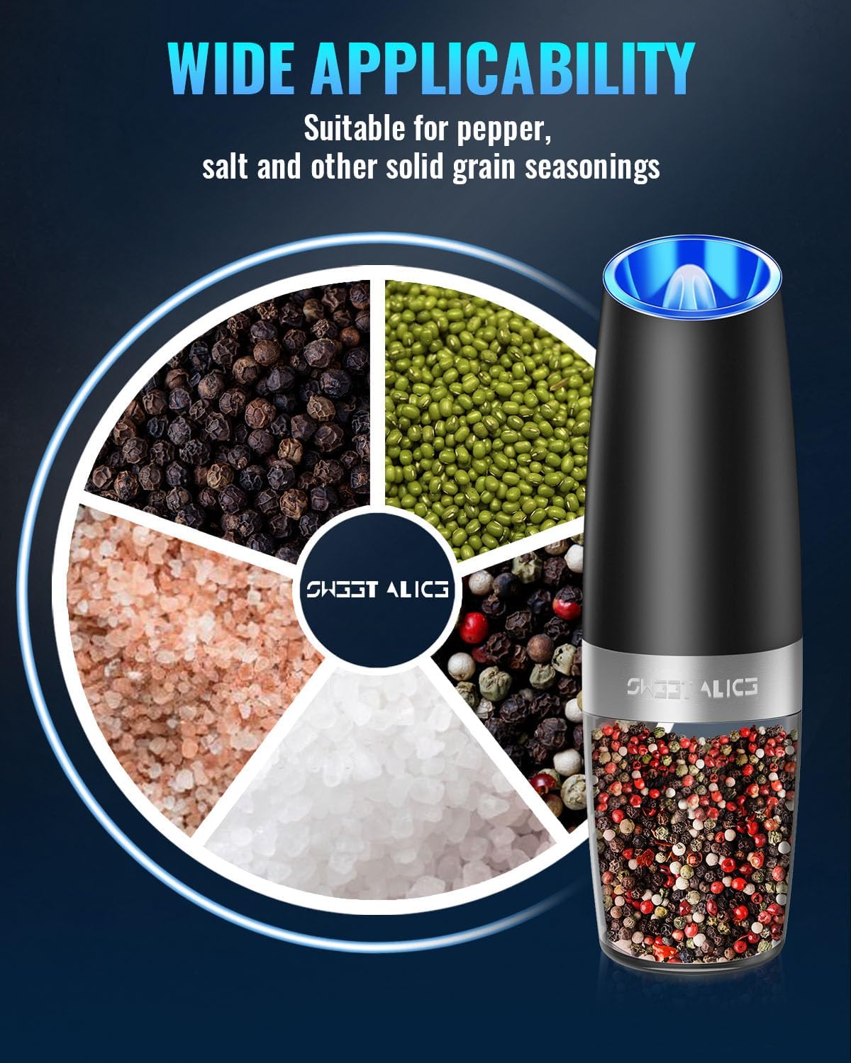 Gravity sensor automatic electric salt and pepper grinder, stainless steel housing for grinding fresh spices.