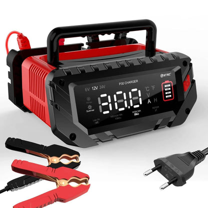 Automatic smart battery charger for car & motorcycle with digital display, 12V/24V compatible.