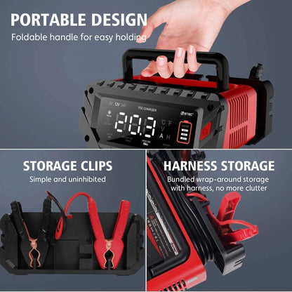 Portable smart battery charger with multiple modes for lead-acid, lithium, and LiFePO4 batteries.