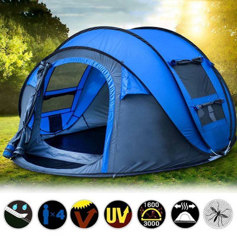 Automatic waterproof family camping tent, fully set up in a lush green outdoor area, ready for use