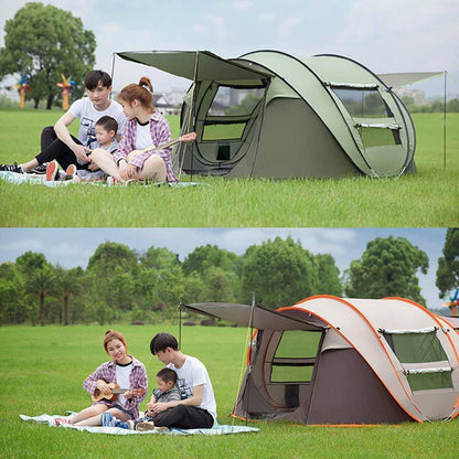 Close-up of a waterproof family camping tent entrance with a durable zipper, automatic setup feature