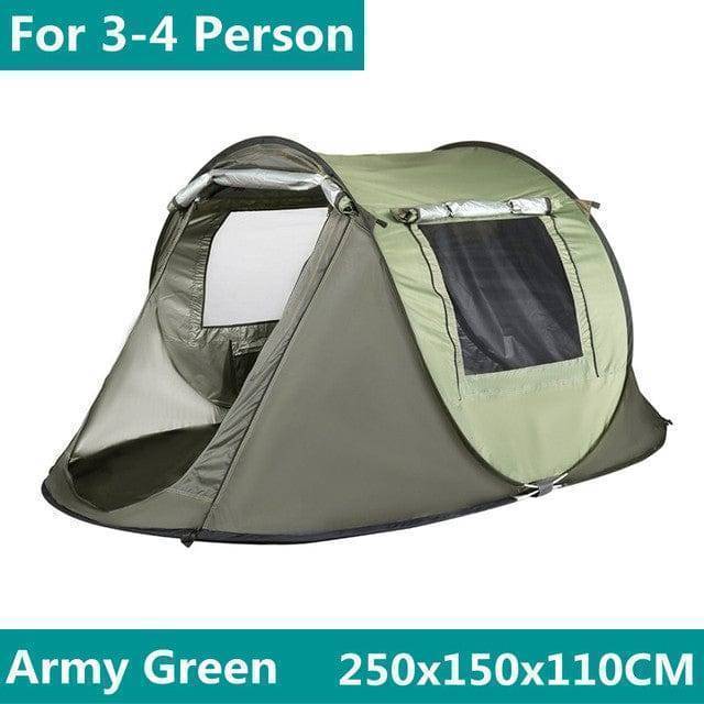 Family camping tent standing strong against a light rain, demonstrating its waterproof qualities for shelter