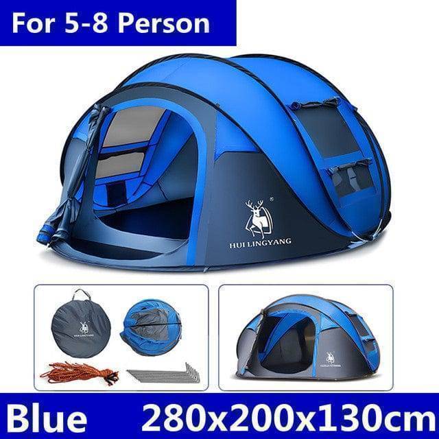 Overview of a multi-person waterproof family tent, suitable for hiking and group camping expeditions