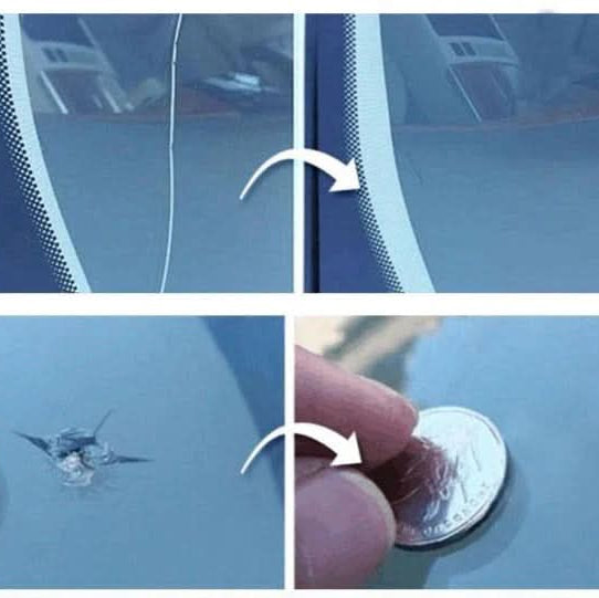 Contents of an auto glass repair kit including resin, applicator, and curing strips for effective windshield repair.