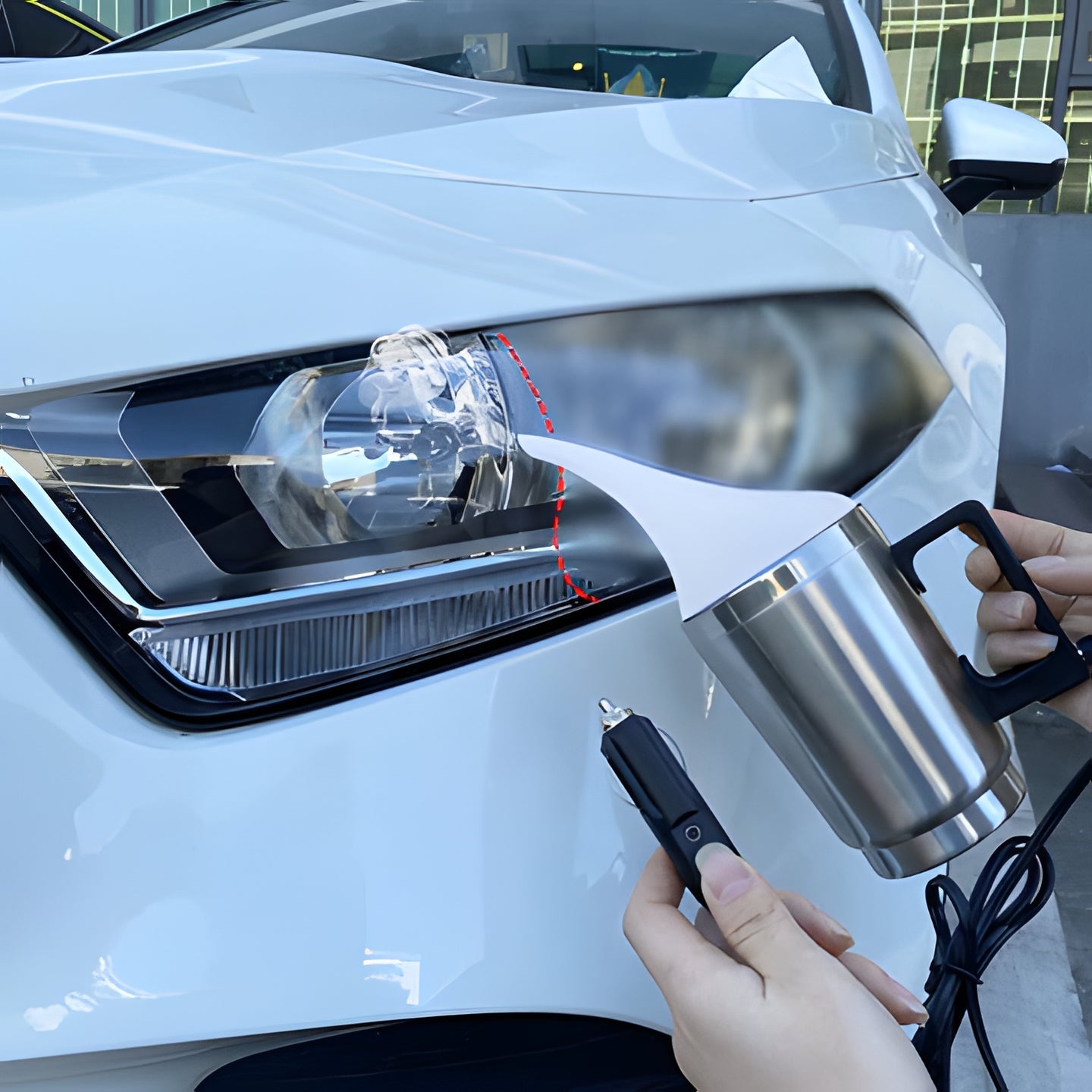 Before & after: Automotive headlight restoration kit making yellowed headlights clear & bright for improved visibility.